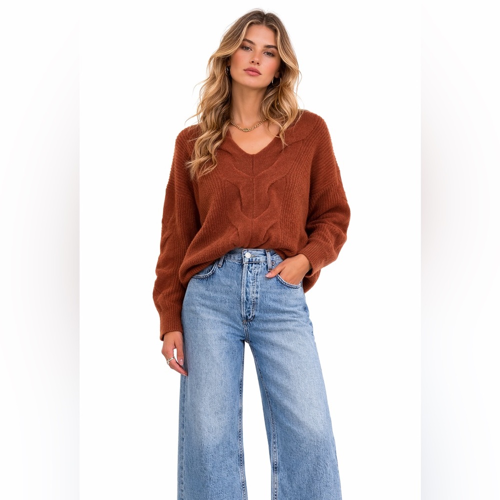 Commense - Wool Blend Textured Knit V-Neck Sweater - Brown